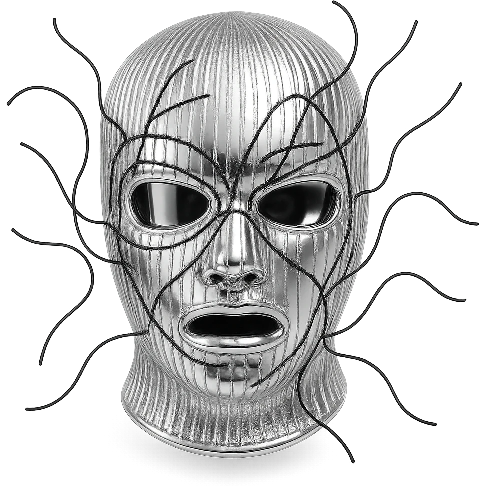 The mask is a full-head, white knitted balaclava with a tight ribbed texture. It features two asymmetrical eye openings and a partially exposed mouth area. Black thread is stitched across the surface in chaotic, abstract lines that trace facial features, giving a hand-drawn effect. Several black cords extend outward from the mask, varying in length and direction, adding a sculptural, almost organic appearance. The overall look is bold, handcrafted, and visually striking. emoji