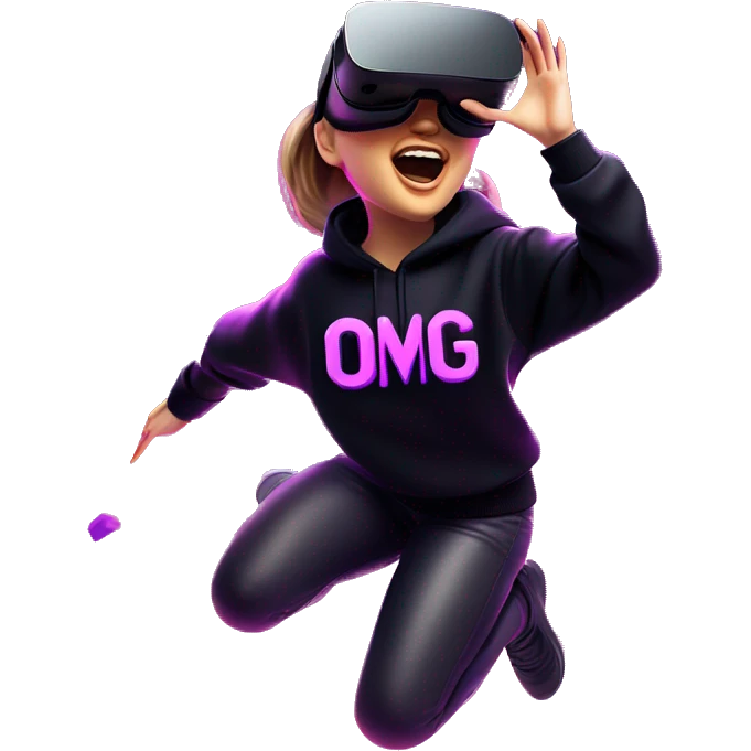 Russian girl wearing black hoody with violet letters "OMG", in vr headset oculus quest2. jumping. Cyberpunk style. Violet neon. emoji