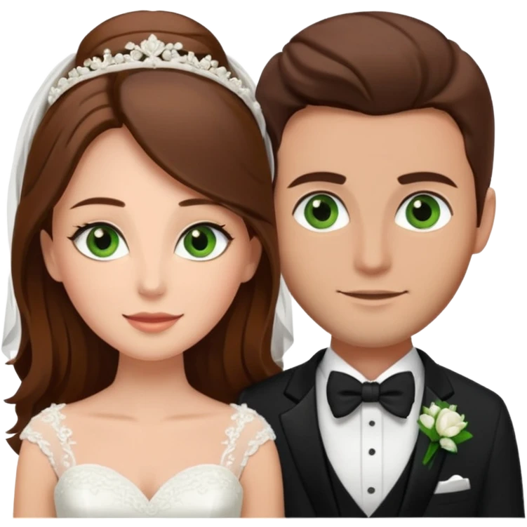 Brown hair bride and groom, bride (woman) has brown eyes, groom (man)  has green eyes, black suite emoji