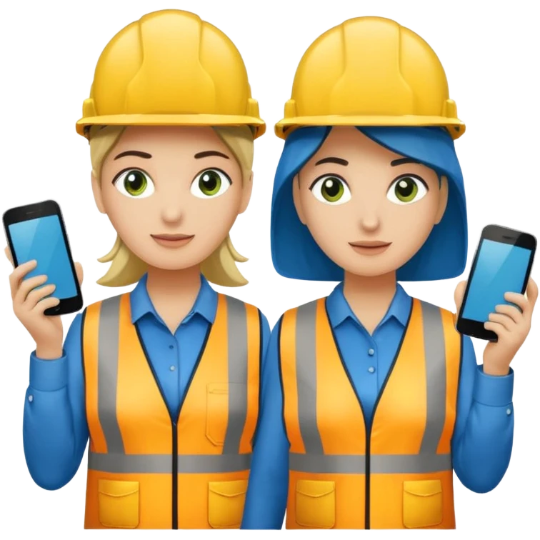 Um homem e uma mulher amarelos com capacete de obras ambos azul escuro e camisa social cinza com faixas refletivas verdes nos braços, Um deles deve estar segurando um megafone de avisos emoji