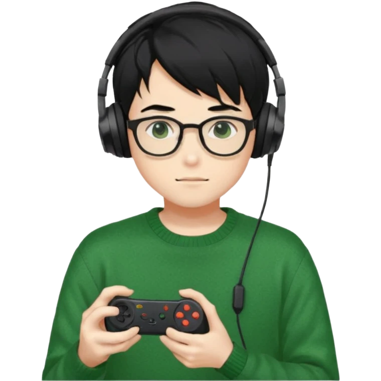 
gamer, Gorgeous green sweater black hair anime style shojo guy glasses, headphone, gamepad emoji