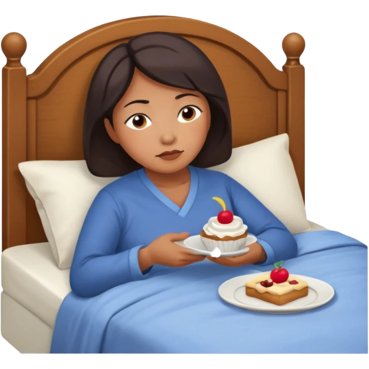 A middle-aged Asian woman lying in bed, unable to sleep thinking of dessert emoji