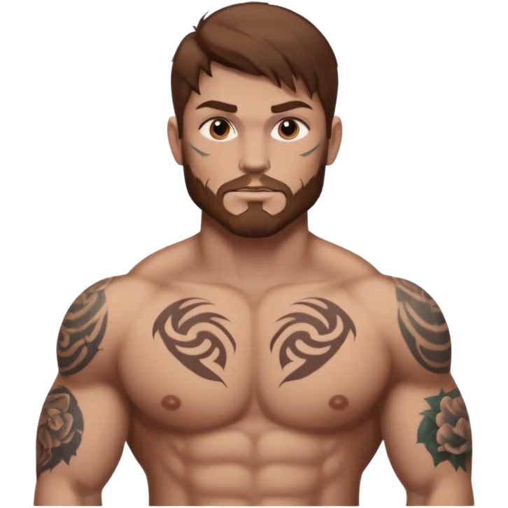tattoo man, fair white skintone,brown hair, tattoos on face, more visible, bulky man with tattos on his chest, heavy tattoos. emoji