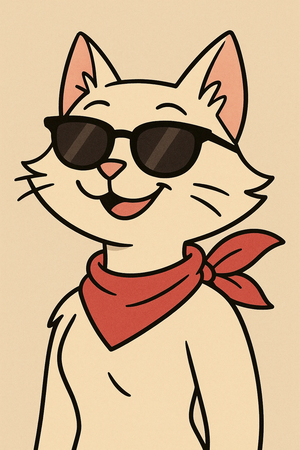 smiling female cat with sunglasses and a red scarf, playful and cute, cartoon illustration emoji
