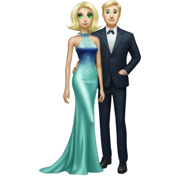 light green skin alien blonde woman in long slim pastel blue formal party satin dress with gradient shiny sparkling navy blue diamonds embroidered , and caucasian man in black dress emoji