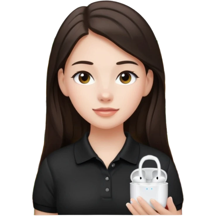 Girl with long dark brown hair with airpods wearing a black wegmans grocery store polo emoji
