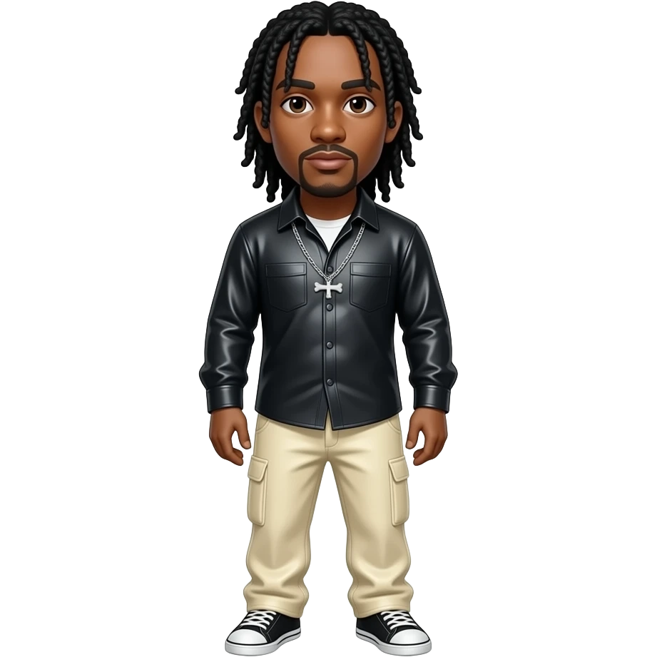 Bizzy Bone from Bone Thugs-n-Harmony with olive skin, dark brown eyes, long black hair, black metallic shirt, cream metallic baggy pants, silver necklace emoji