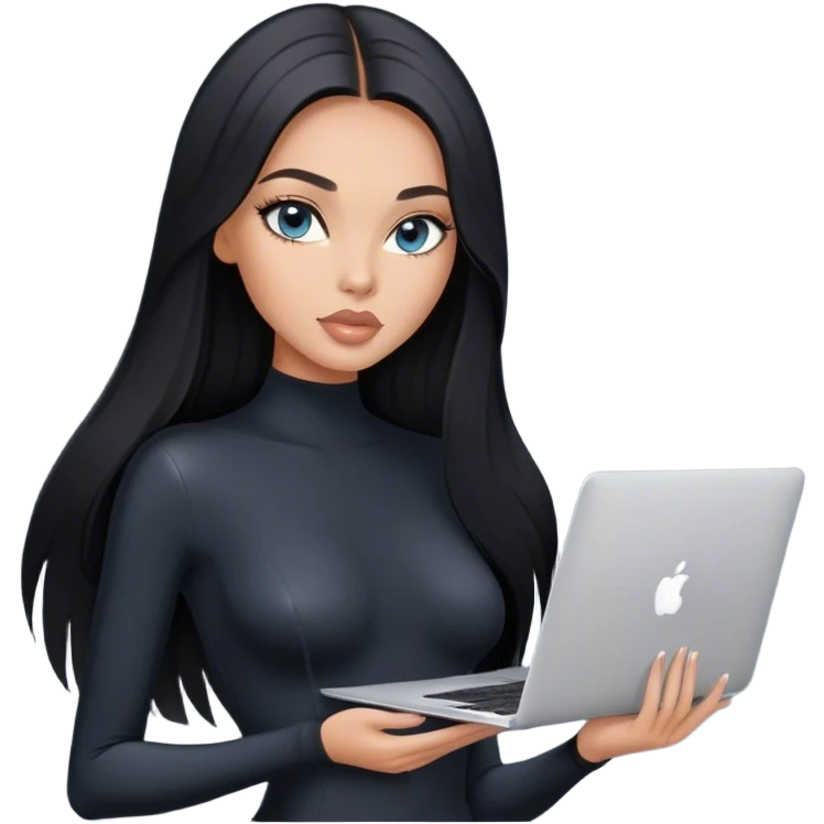 Glamours tanned very beautiful girl with pump peach nude lips and black straight smooth long hair, blue-grey eyes in black bodysuit with MacBook emoji