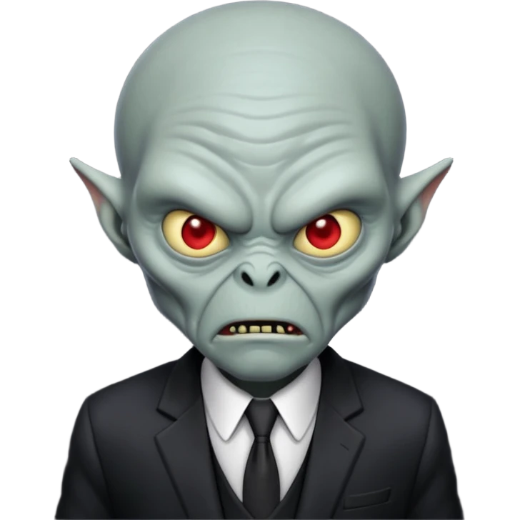 an old alien with black suit, grey skin, angry emoji