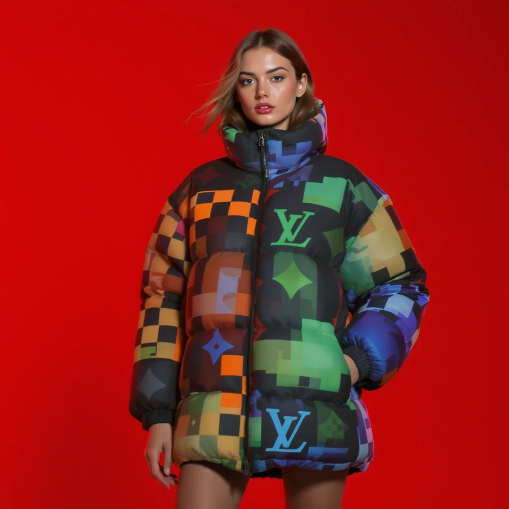 Medium shot, "Echo print effect" motion blur, Photo of a woman dress in abstract (black orange green and blue) grid puffer Louis Vuitton jacket, red solid background, express body, spot light with hard light emoji