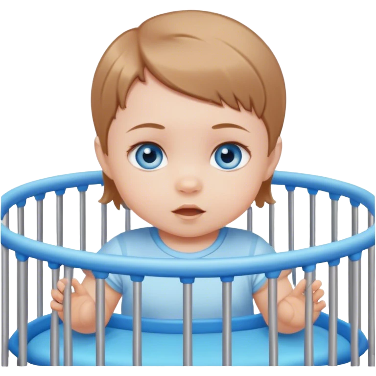 Blue-eyed baby girl with short light brown cuhair in playpen  emoji