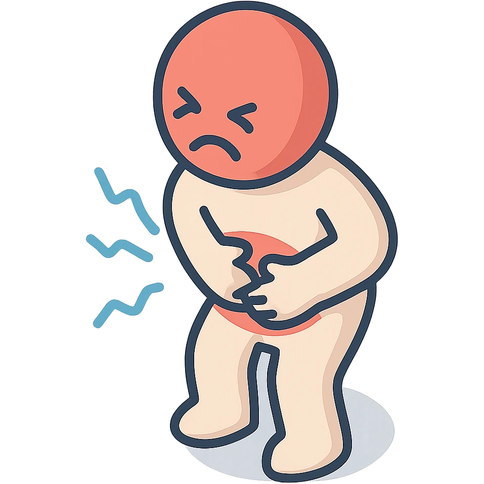 torso of a little person holding stomach, grimacing in pain, pain waves around, 2d isometric style, shadows and highlights, torso, stomach, and arms, transparent background emoji