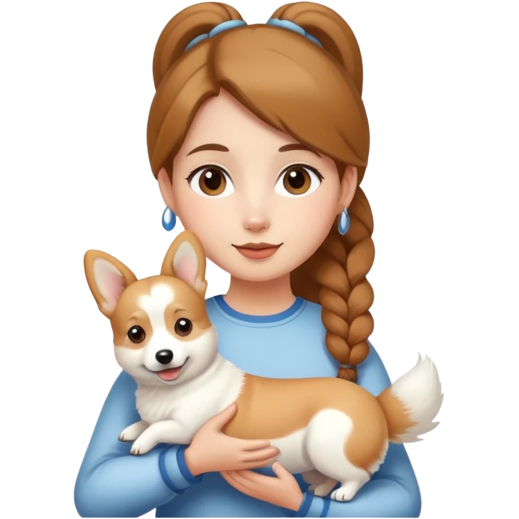 A girl with a brown ponytail holding a white corgi emoji