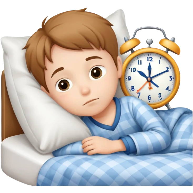 child tucked in bed with a clock showing bedtime, simple and cute emoji