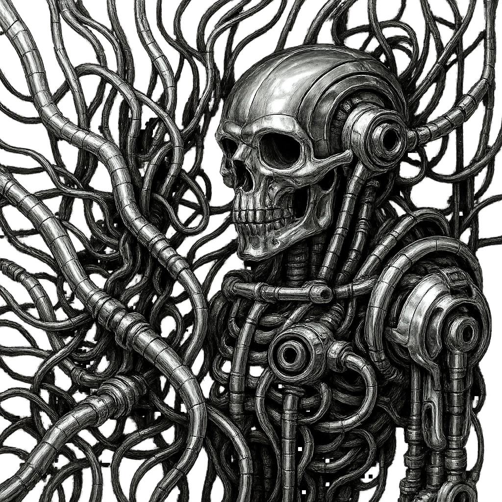 Transform the organic wires and mechanical elements to look metallic, with shiny chrome and steel, Giger-esque, detailed and eerie. emoji