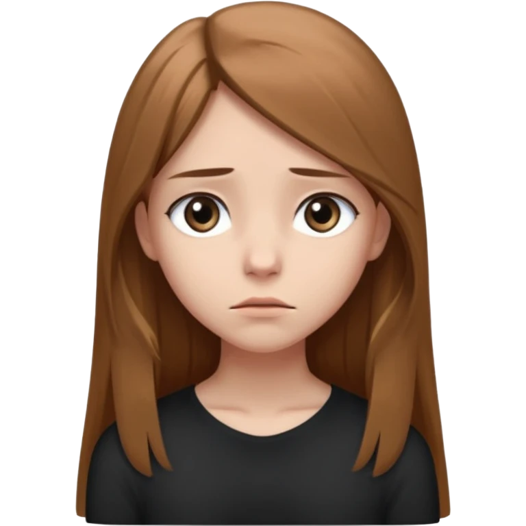 emoji of a girl with long, straight light brown hair, fair skin, soft grey eyes. Wearing a black. Standing slightly apart from a group of people, shoulders slightly hunched, arms loosely at her sides, head tilted down, eyes looking away. Nervous, unsure, miserable, and afraid.  emoji