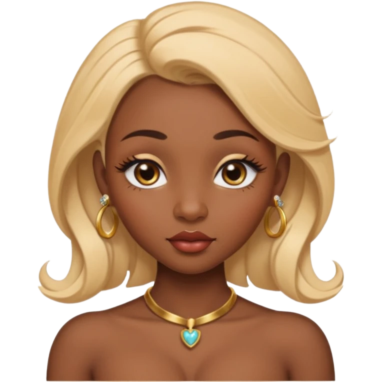 darkskin female with eyebrows that are naturally shaped and frame eyes well, eyes that are almond-shaped with defined lashes. nd lips are full with a defined cupid’s bow, add also a septum piercing that adds an edgy, stylish flair. a middle-part, honey blonde bust-down with laid baby hairs emoji