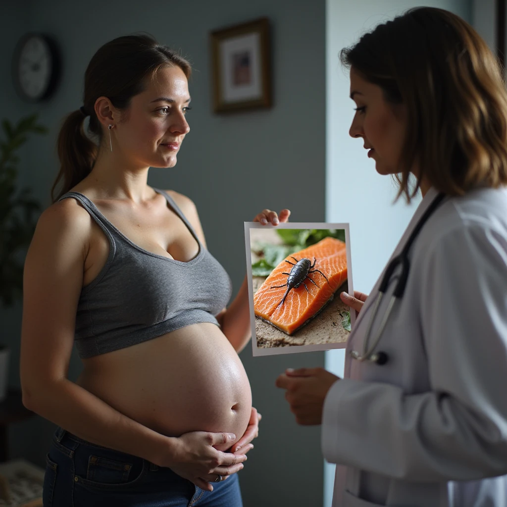 realistic pregnant woman in 4K consulting doctor or nutritionist with professional showing photo or diagram highlighting parasites in salmon flesh emoji