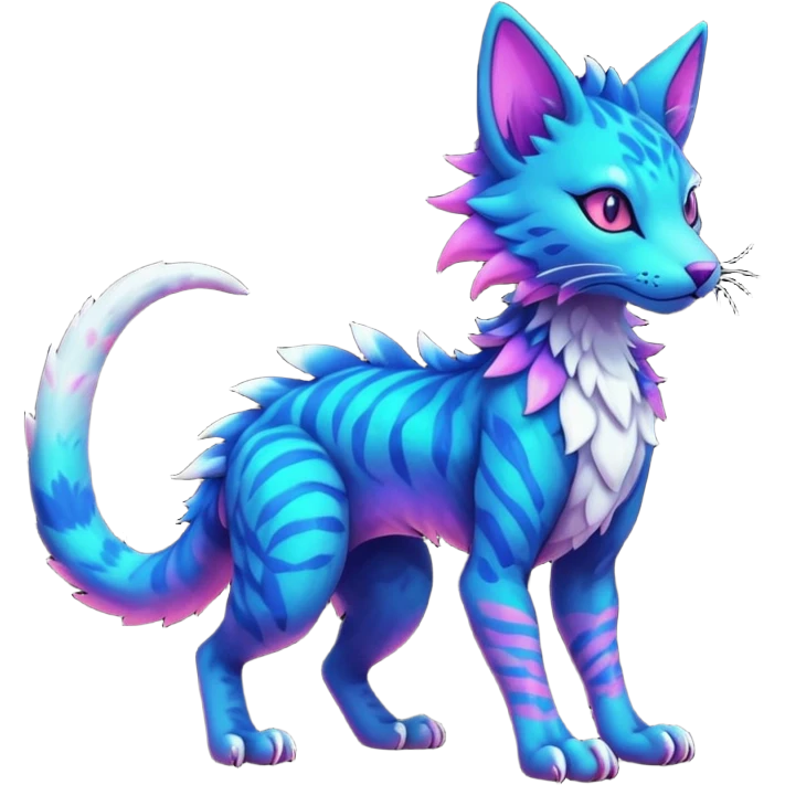 Kawaii dark edgy colorful vibrant neon glowing fantasy feline-vernid-sergal-trico-fursona animal creature with a tufted tail full body with intricate markings  emoji