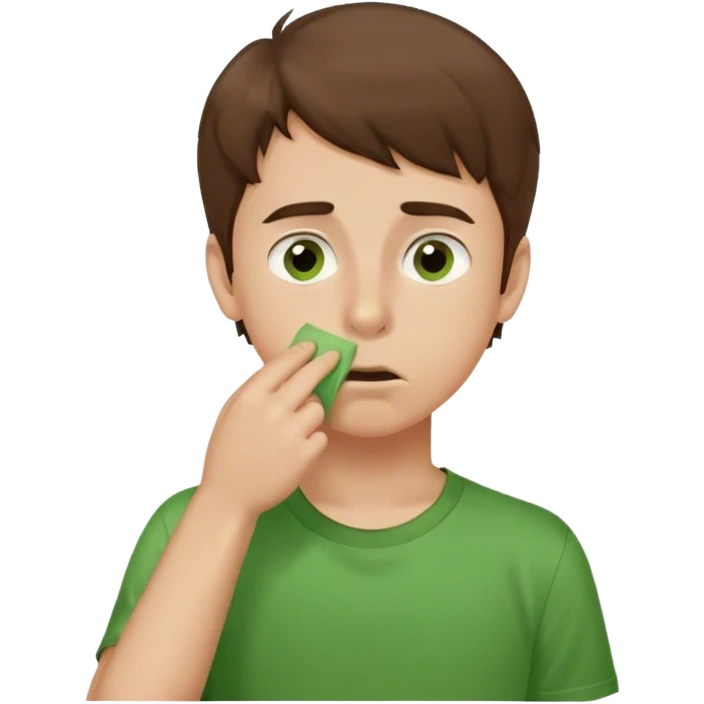 fair skin brown haired boy picking his nose with single figure brown eyes green t shirt emoji
