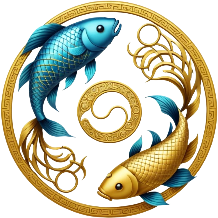 The zodiac symbol Pisces. Two fish in a “yin-yang” formation. One fish’s head is facing the other fish’s tail, and vice versa forming a hoop emoji