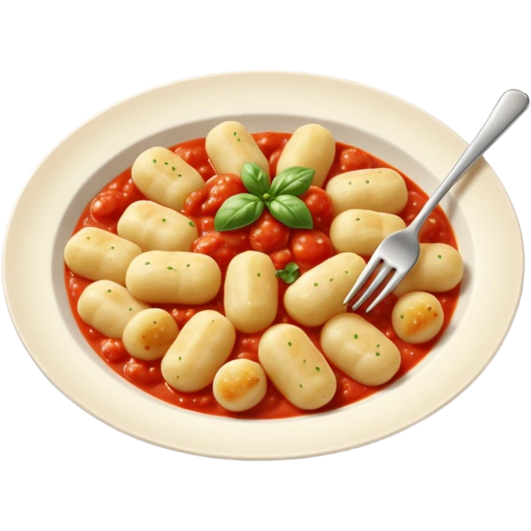 Gnocchi Cinematic Realistic Gnocchi Dish Emoji, depicted as tender oblong potato gnocchi garnished with iconic fork marks on top, rendered with soft textures and warm, inviting lighting. add tomato sauce emoji