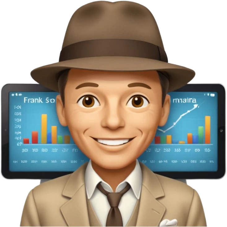 Frank Sinatra with the hat on, smiling and showing data analytics on a screen in the background emoji