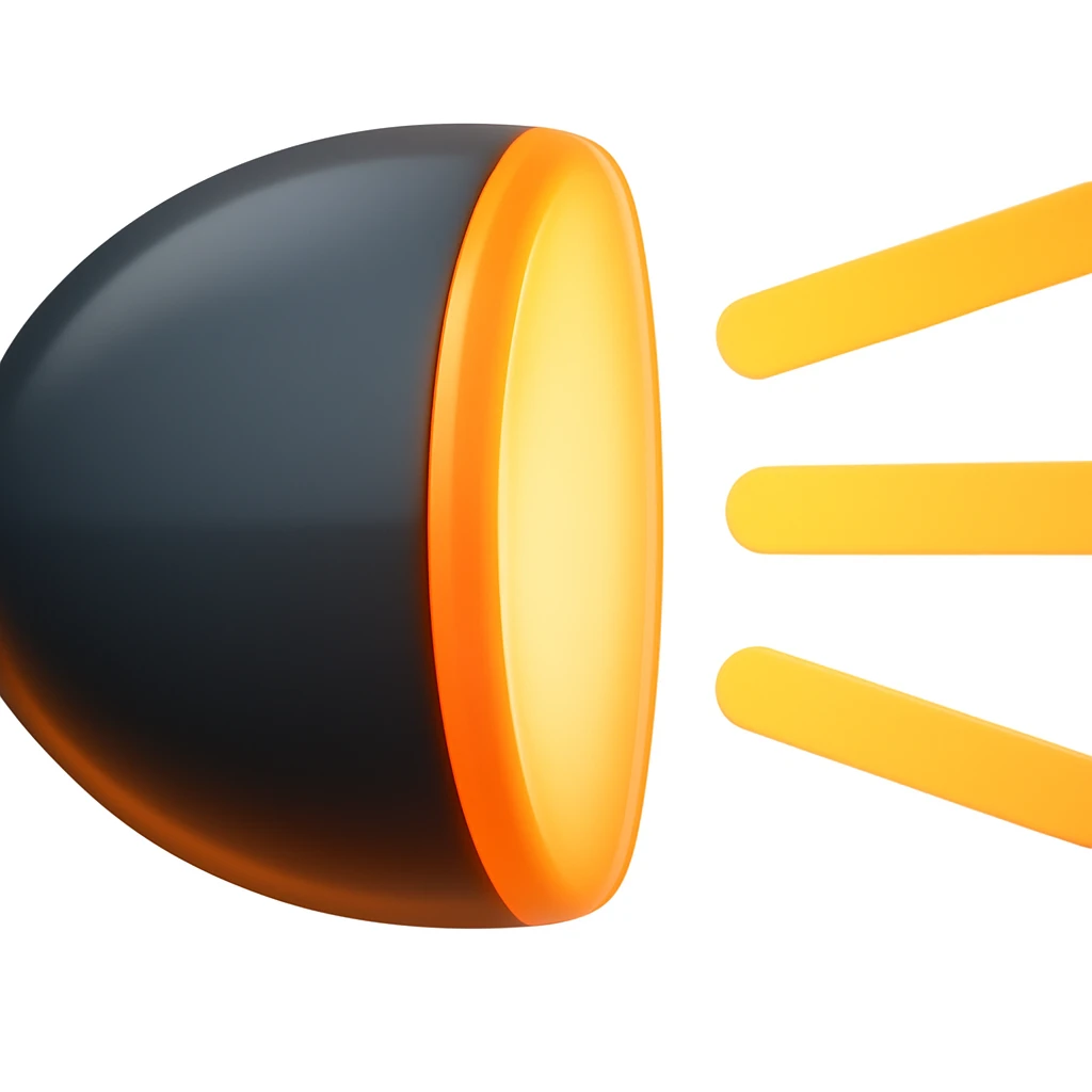 Create an apple-style emoji of a high beam car headlight that is rounded, glossy, with subtle gradients, clean and minimal. Use the reference image as a base, but add a soft gloss and longer light rays to emphasize the high beam effect. Maintain the apple emoji style characteristics. emoji