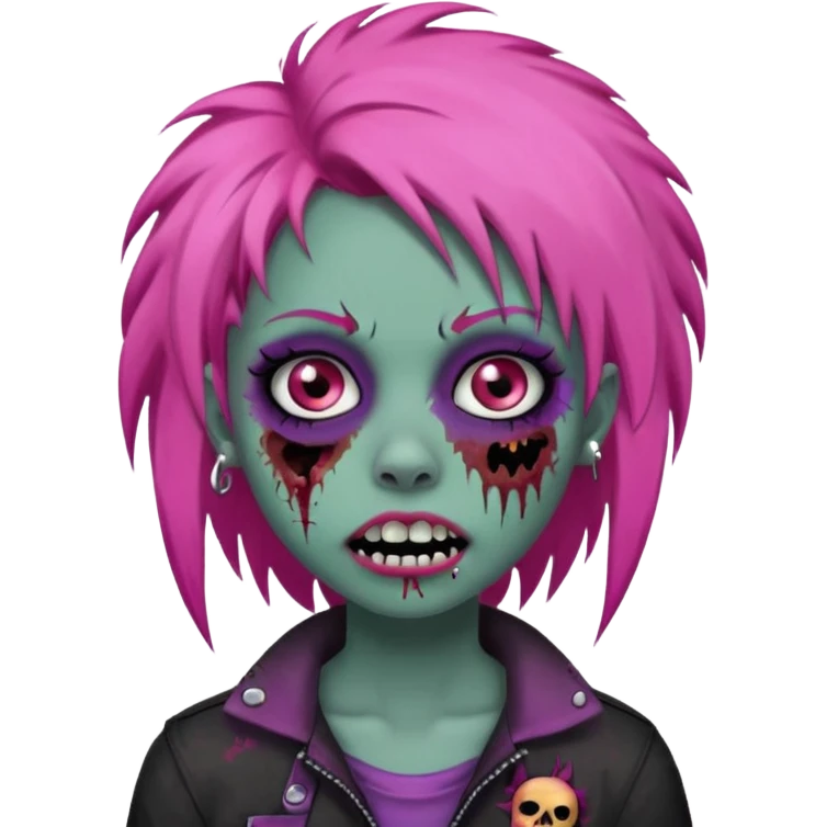 girl, zombie, pink coily hair, medium long, emo, shaggy, dark, spooky, piercing on eyebrow, colourful teeth, creepy blank expression emoji