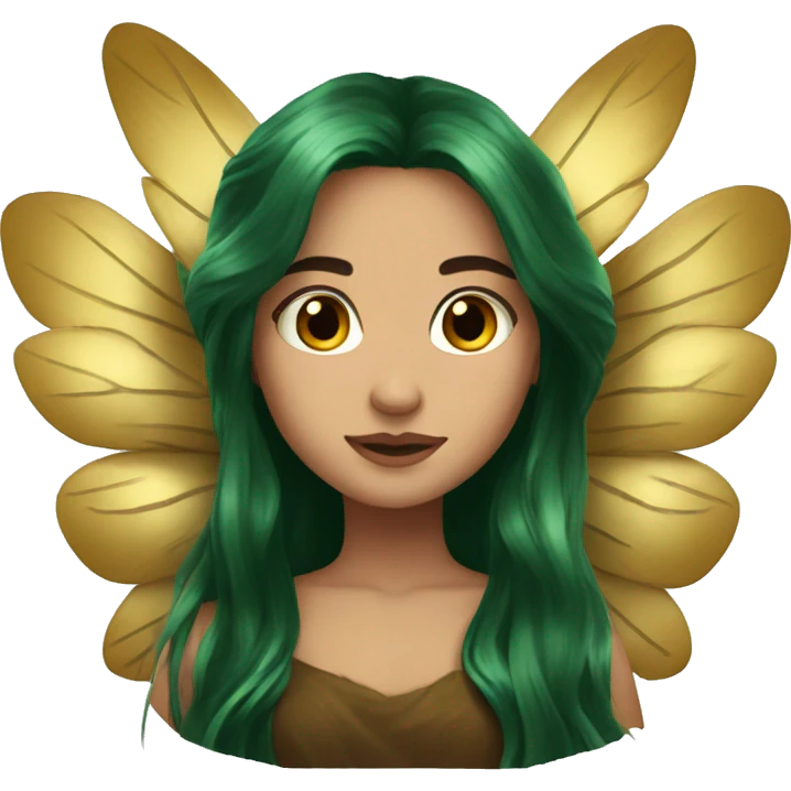 big wings, Beautiful, fairy, gold, brown, dark green, green, long hair emoji