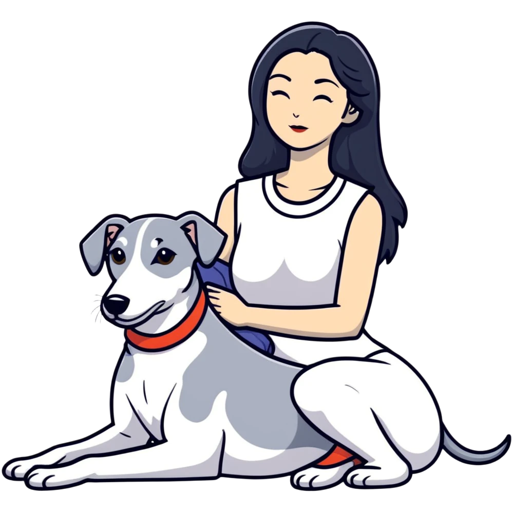 Very thin Chinese woman with long black hair relaxing in a luxurious hotel suite with exactly ONE whippet dog. EXTREME IMPORTANCE: the whippet must be ONE SOLID MEDIUM GREY COLOR (not too dark, not too light) from nose to tail with ABSOLUTELY NO WHITE MARKINGS anywhere - NO white on face, NO white on muzzle, NO white on chest, NO white on paws, NO white on tail - NOTHING BUT A SINGLE SHADE OF MEDIUM GREY throughout the entire animal emoji