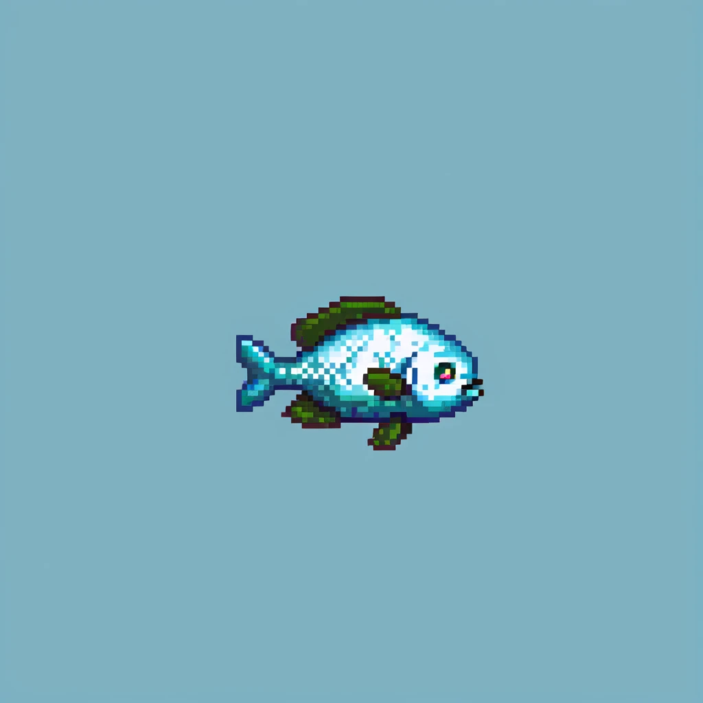 Minecraft cod fish item texture, eye pointing down-left at 45-degree angle, simple square texture, pixel art style emoji