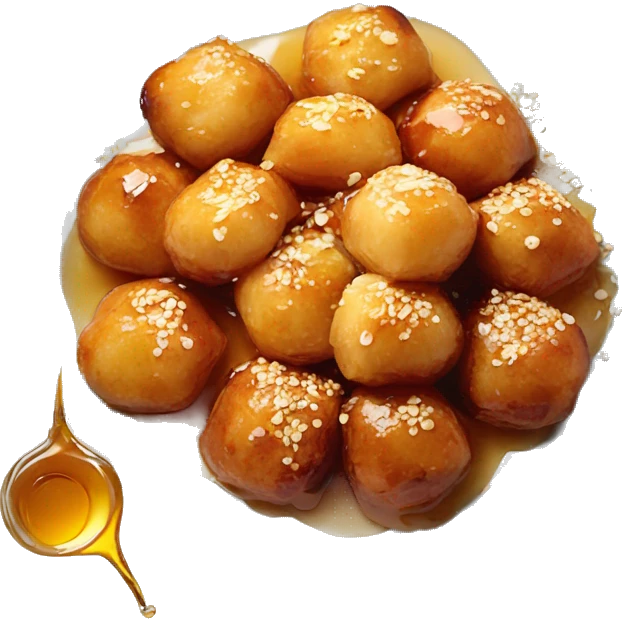 Greek loukoumades in a plate with honey drizzle and sesame seeds emoji
