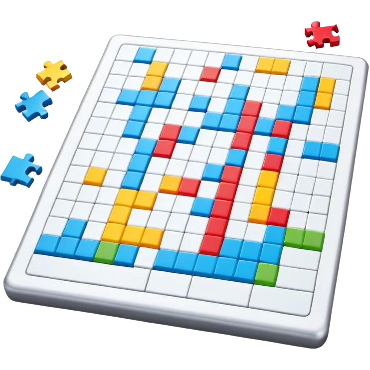 A photorealistic icon with a crossword magazine, a 3D puzzle and a partially completed puzzle on a table. Bright, detailed design with realistic lighting. Transparent background, clearly symbolizing puzzles and brain games. emoji