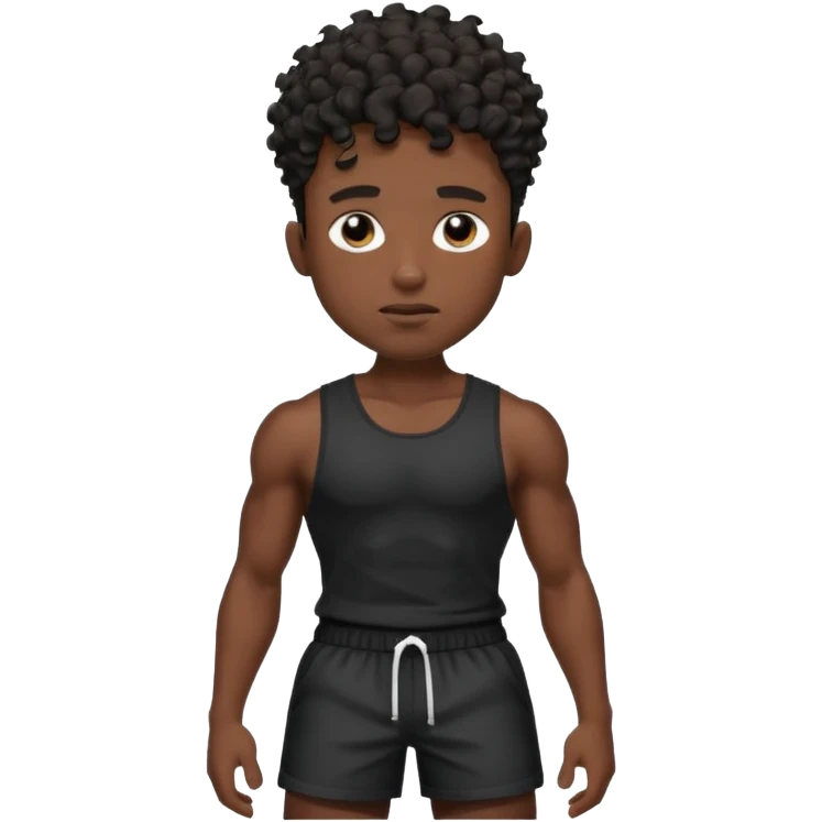 Ripped, athletic man with thick neck, high top fade with no part, curly hair only top only, no shirt and show waistline up, black shorts and more man face emoji