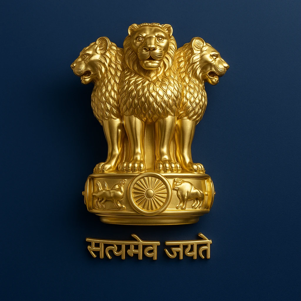 Satyamev Jayate emblem in gold, placed on a deep blue background, classic and dignified style emoji