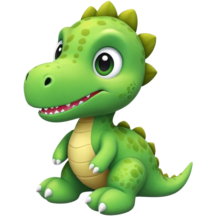 A green plush toy dinosaur with big eyes and a cute smile emoji