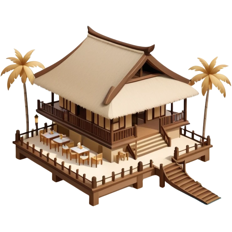 Isometric exterior brown and beige luxury Balinese beach resort restaurant, dollhouse style 3D realistic  emoji