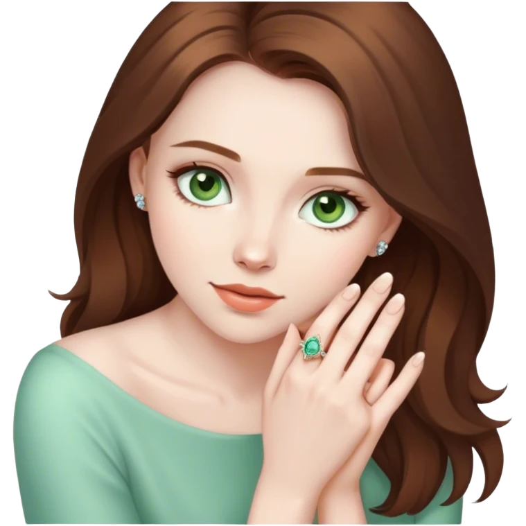 Girl with pale skin and brown hair and light green eyes with engagement ring on the hand emoji