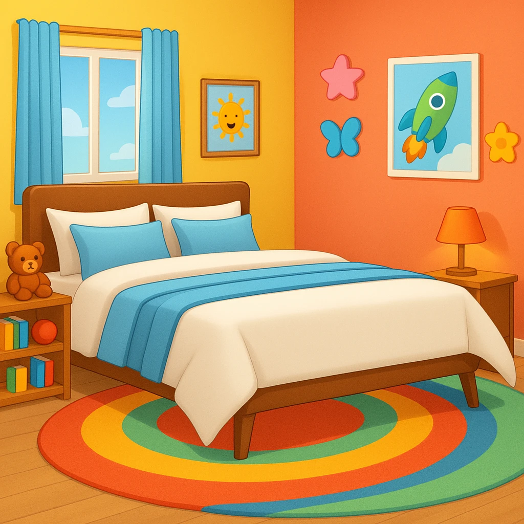 Add a colorful bedroom background with bright walls, playful decorations, and a cozy rug. Keep the room tidy and inviting in emoji style emoji