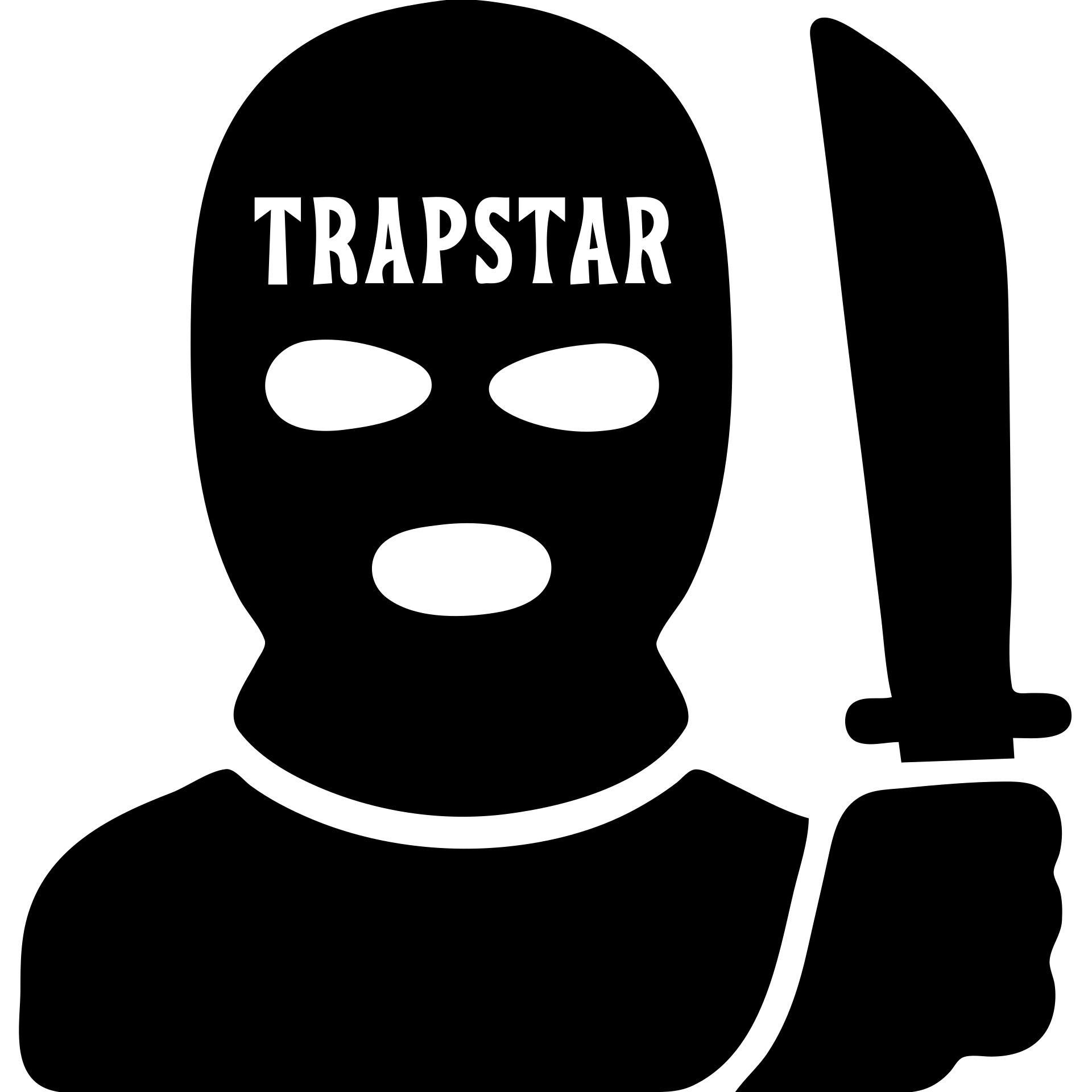 Black person with English appearance wearing a Trapstar balaclava, holding a black machete knife emoji