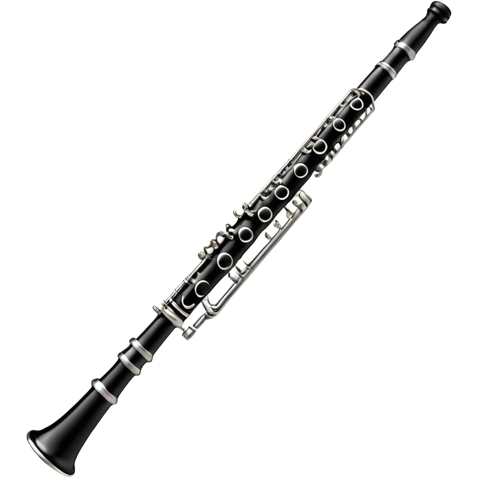 Create an emoji, representing a black standard clarinet. The design should feature a smooth, glossy black body of the clarinet with shiny, silver keys clearly visible. Highlight the intricate details of the mouthpiece and reed at the top, while the body of the instrument should remain simple and elegant. Add subtle musical notes or soundwaves floating around the instrument to symbolize its clear, melodic sound. Use black for the body, silver for the keys, and soft lighting effects to give the instrument a polished, sophisticated look. The background should be transparent. emoji