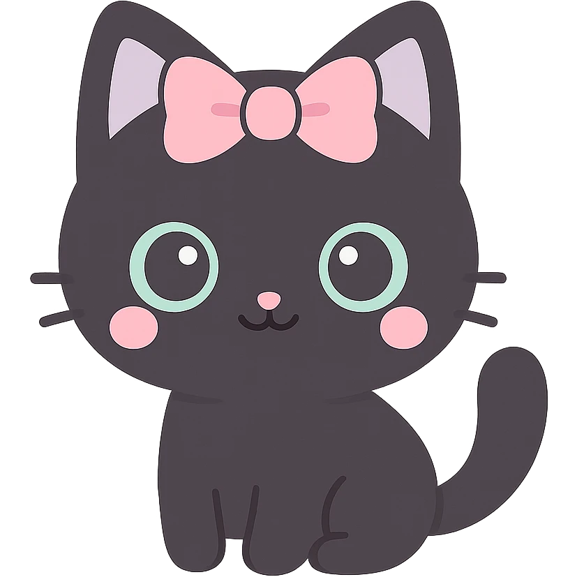 Add a cute gothic pet, a small black cat with a pink bow, in kawaii gothic style. Preserve transparent background. emoji