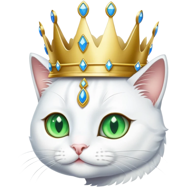 white cat with one green eye and one blue eye, wearing a princess crown emoji