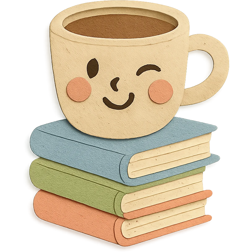 coffee cup with stack of books, winking, cozy hand-drawn pastel style emoji