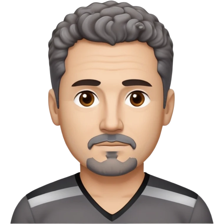 Man in his early 50s with tan complexion. Strong square jawline. Dark brown eyes with focused expression. Thick eyebrows. Black goatee with subtle gray hairs. Short curly dark hair with slight receding hairline. Slight confident smile. Wearing a black V-neck shirt with gray stripes. emoji