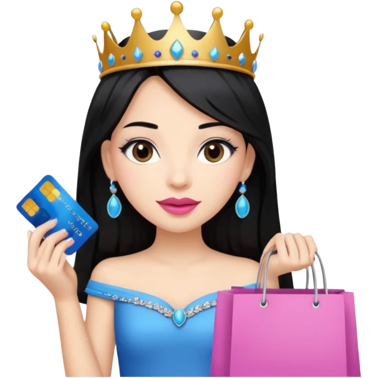 Girl with long black hair and tiara pink lipstick, brown eyes holding shopping bags and blue credit card emoji