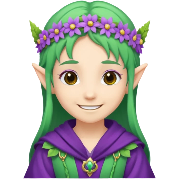 green hair elves, wearing purple with flower crowns emoji