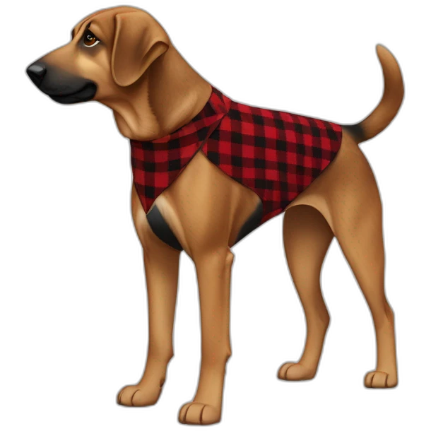 75% Coonhound 25% German Shepherd mix dog wearing small pointed red buffalo plaid bandana pointing down side view full body facing left emoji