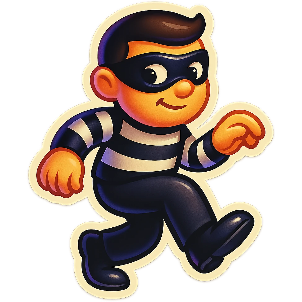 thief emoji with a mask, black and white suit, tiptoeing, playful vibe emoji